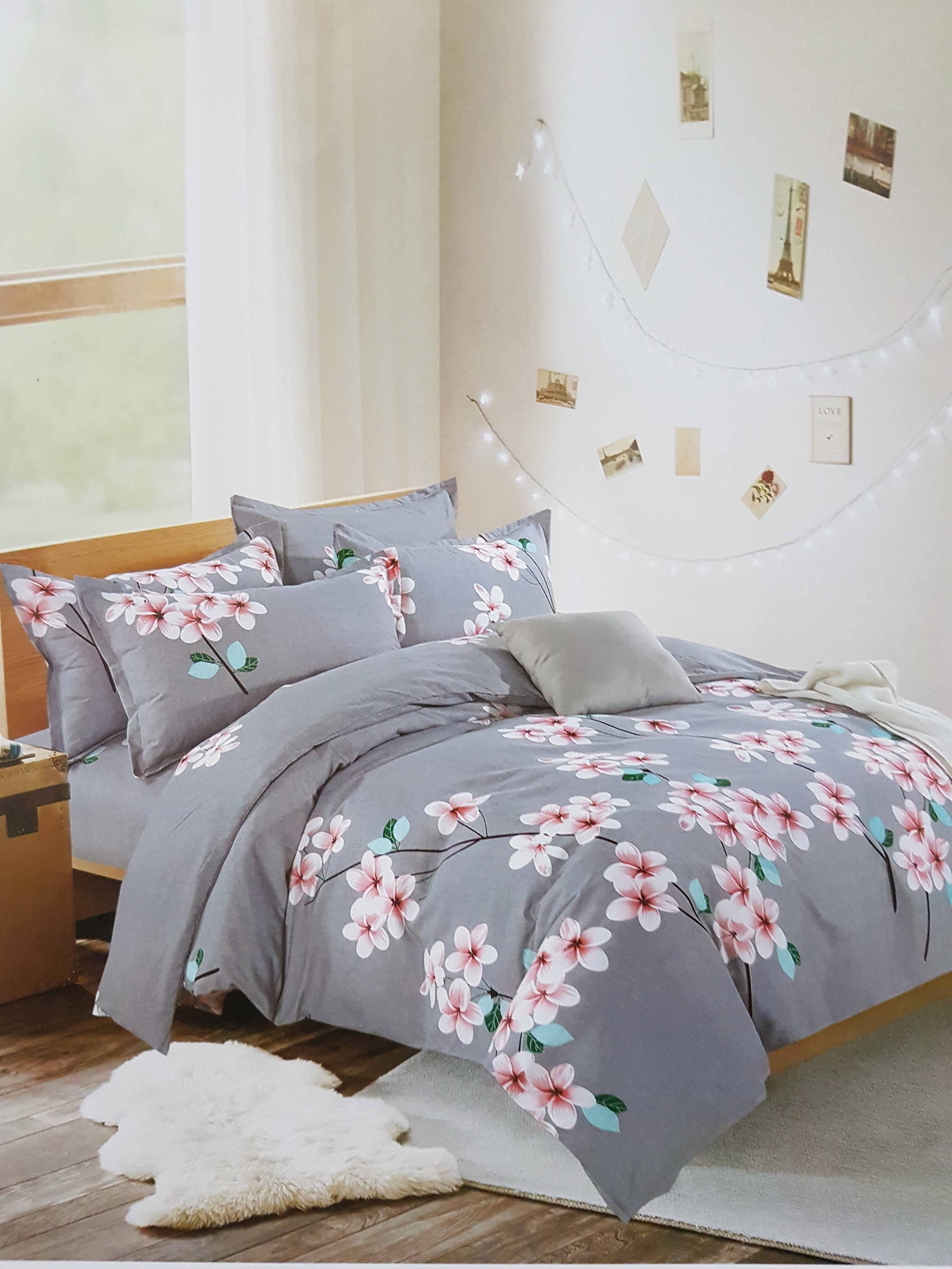 Gray Floral Bed Sheet & Pillow Cover