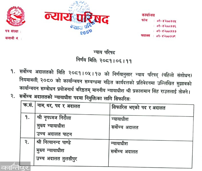Niraula and Pandey recommended as Supreme Court judges