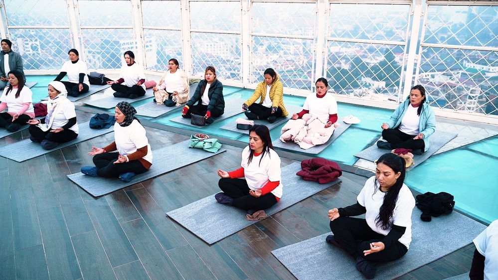 Yoga practice at the 'Skywalk' tower